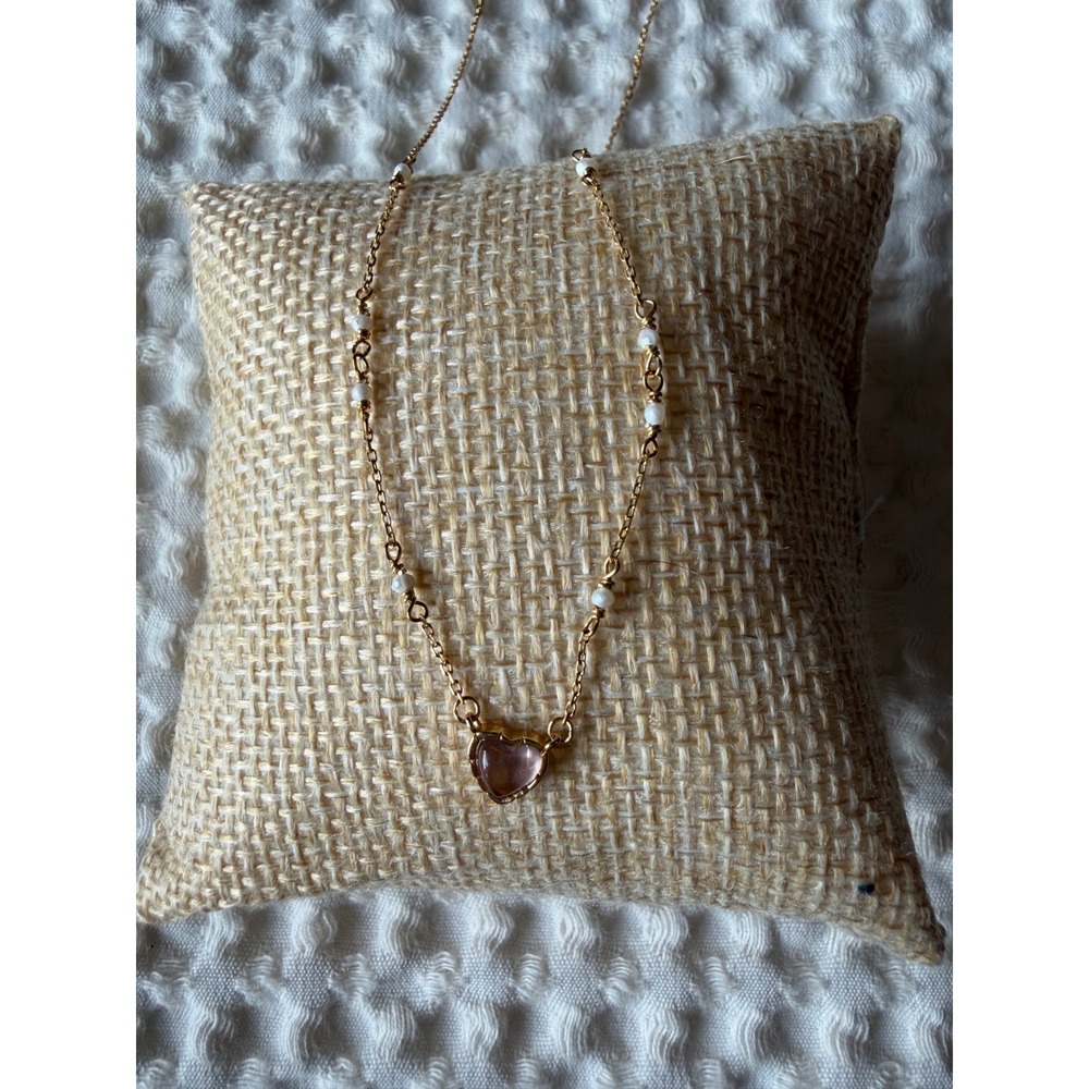 Gold Tone Pink Heart Stone Bead Station Chain Necklace Women Minimalist 17 Inch